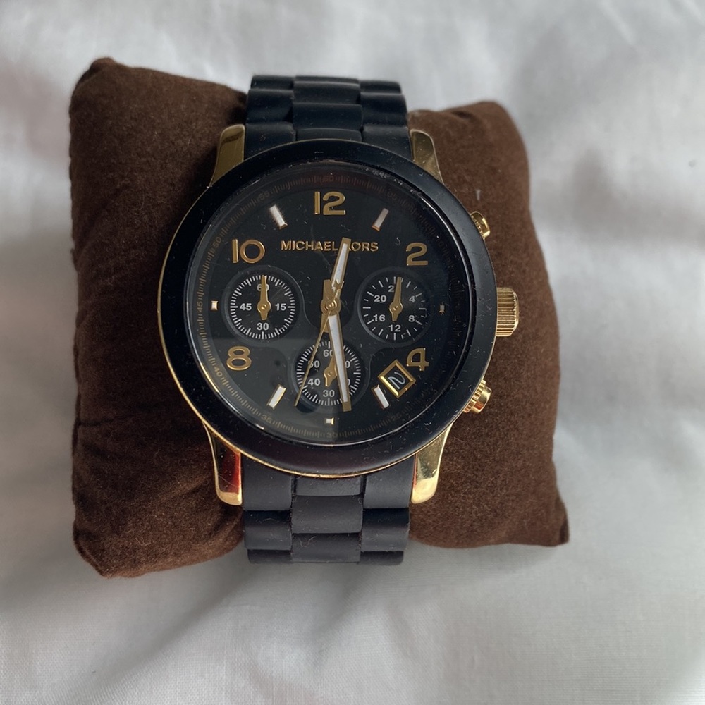 Michael Kors Womens Runway Quartz Chronograph Gold/Black Silicone Watch 38mm - Picture 2 of 5